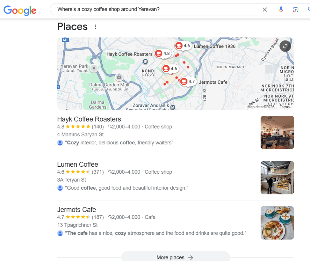 Where's a cozy coffee shop around Yerevan? - TopClicks- coice search optimization